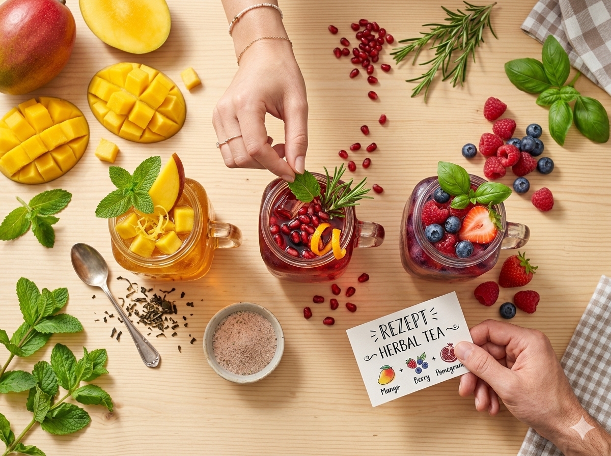 Drei Gläser mit verschiedenen Eistee-Variationen aus Herbalife Instant-Kräutergetränk Mango, garniert mit Früchten und Kräutern